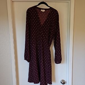 LOFT Burgundy Long Sleeve Wrap Polka Dot Dress